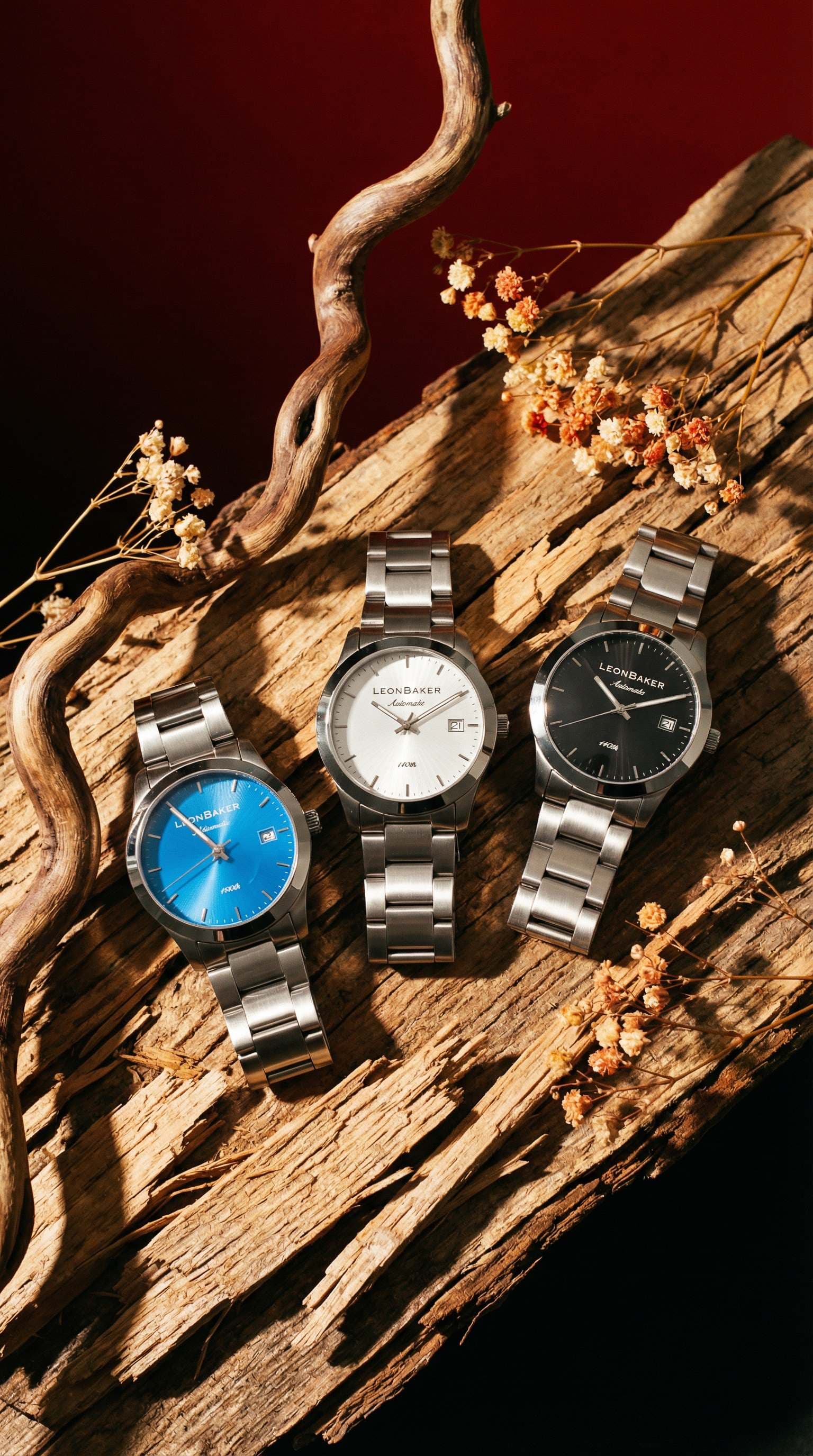 Ross Forth Collection - Three automatic watches on driftwood